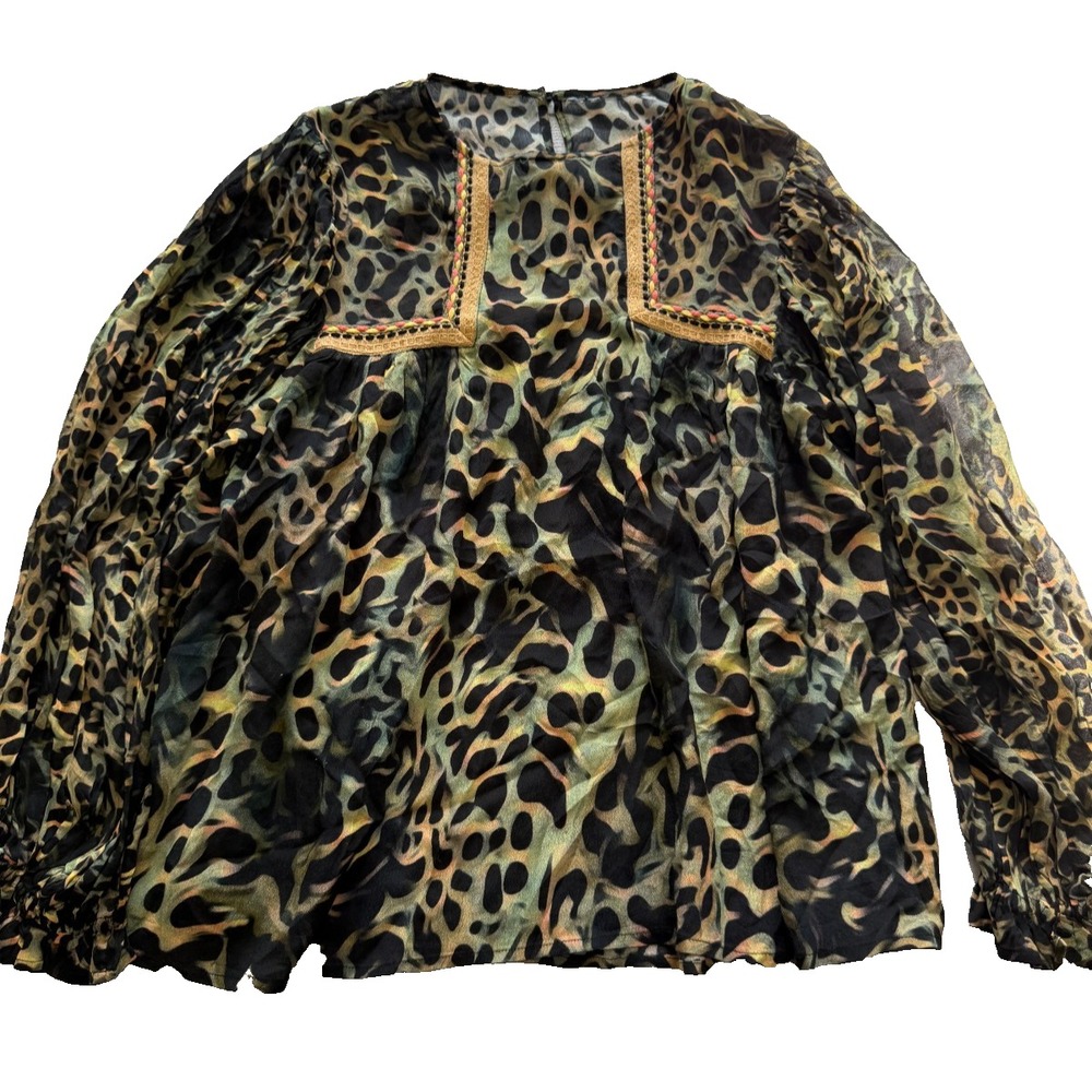 Animal Print Peasant Blouse Womens M? Geen Black Boho Festival Top Long Sleeve